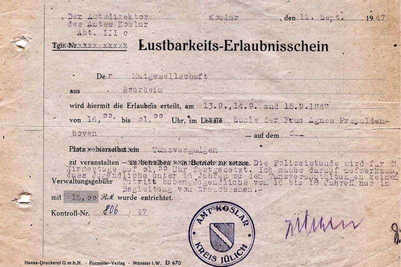 o-Maikoenigspaar-1957-Adele-Schoenebeck-Toni-Schlechtriemen_Amt Lustbarkeitserlaubnis 1957