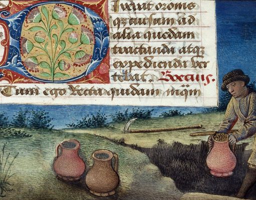 Abbildung: Vergrabung eines Münzschatzes. Boethius-Handschrift, 1476, London, British Library