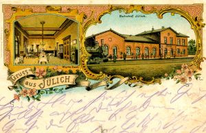 Postkarte von 1898 mit der Ansicht des Jülicher Bahnhofs von der Bahntrasse aus und einem Blick in den Wartesaal | Foto: Stadtarchiv Jülich