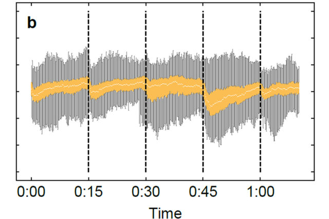 Frequenzmessungen in Deutschland aus dem Jahr 2015 (Daten: 50Hertz): Die Stromnetzfrequenz schwankt um 50Hz im europäischen Stromnetz und zeigt große Sprünge insbesondere bei den Handels-Intervallen von 15 Minuten. Meist bleibt die Netzfrequenz innerhalb des gelben Bereichs, doch Ausreißer nach oben und unten (grau) sind vor allem alle 15 Minuten sehr wahrscheinlich. Copyright: MPI für Dynamik und Selbstorganisation / Benjamin Schäfer