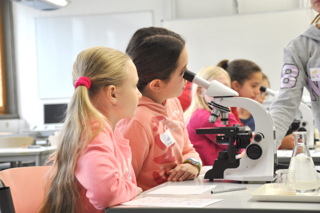 Der Nachwuchs am Mikroskop. Beim Mädchengymnasium Jülich durften sich die Viertklässlerinnen ausprobieren. Foto: MGJ