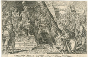 Abbildung: Dirck Volkertsz Coornhert nach Maarten van Heemskerk, Der Kniefall von Venlo 1543, Kupferstich, 1556 (Original + Foto: Museum Zitadelle Jülich)
