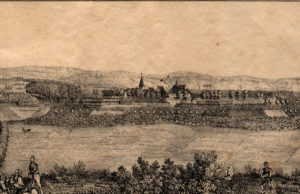 Abbildung: Ansicht der Stadt Jülich aus dem Büchlein von Carl Brockmüller von 1839 (Original und Foto: Museum Zitadelle Jülich)
