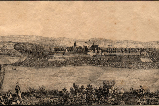 Abbildung: Ansicht der Stadt Jülich aus dem Büchlein von Carl Brockmüller von 1839 (Original und Foto: Museum Zitadelle Jülich)