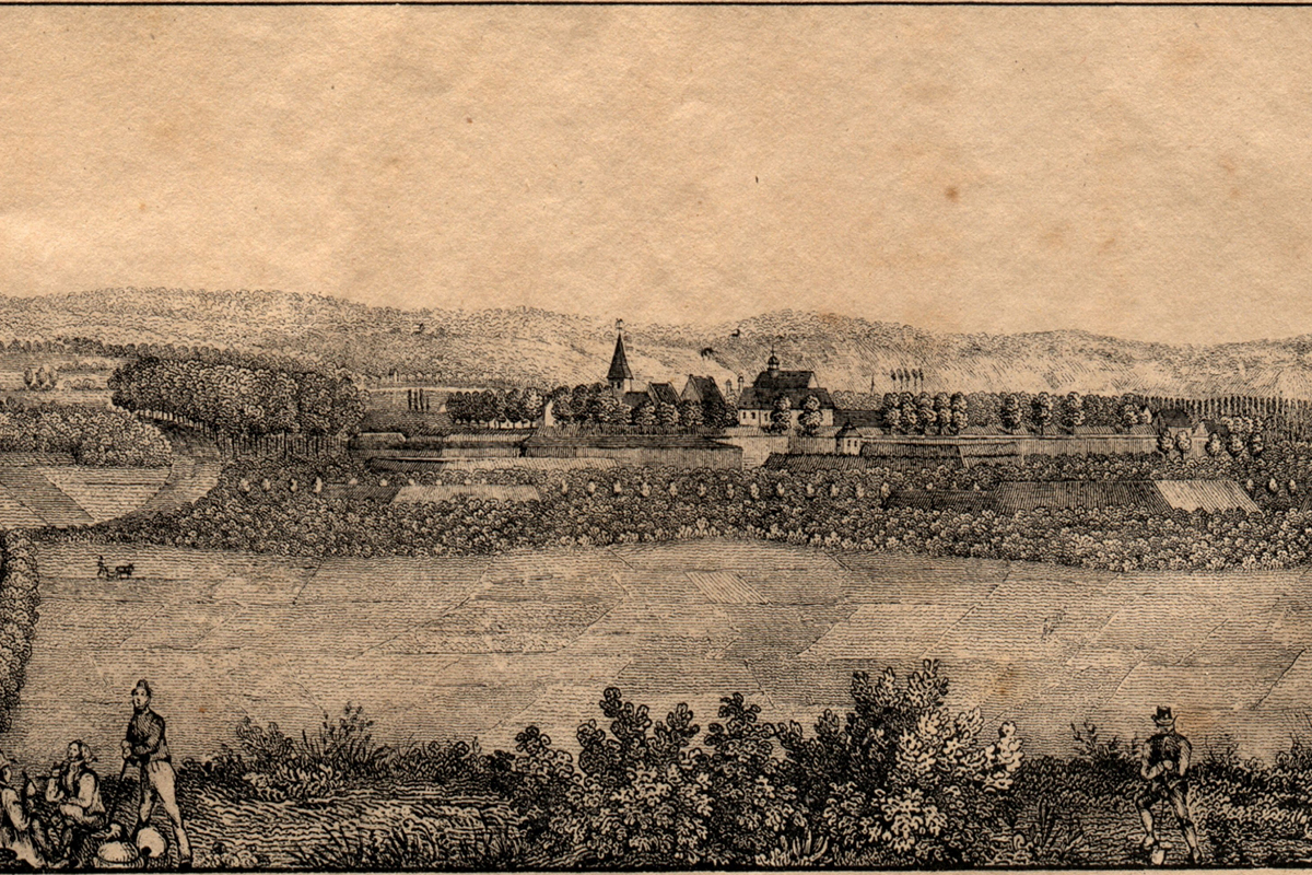 Abbildung: Ansicht der Stadt Jülich aus dem Büchlein von Carl Brockmüller von 1839 (Original und Foto: Museum Zitadelle Jülich)