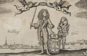 Abbildung: Herzog Johann Wilhelm (II.) von Jülich-Berg mit Pagen vor den Stadtansichten von Düsseldorf und Jülich. Ausschnitt aus dem Almanach auf das Jahr 1681 | Foto: Landeshauptstadt Düsseldorf – Stadtmuseum