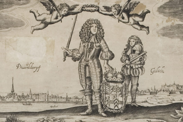 Abbildung: Herzog Johann Wilhelm (II.) von Jülich-Berg mit Pagen vor den Stadtansichten von Düsseldorf und Jülich. Ausschnitt aus dem Almanach auf das Jahr 1681 | Foto: Landeshauptstadt Düsseldorf – Stadtmuseum