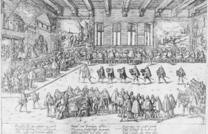 Abbildung: Franz Hogenberg, Das Hochzeitsbankett im großen Festsaal des Düsseldorfer Schlosses anlässlich der Hochzeit Herzog Johann Wilhelms I. mit Jakobe von Baden 1585 aus der Festbeschreibung durch Diedrich Graminäus von 1587 (Original und Foto: Museum Zitadelle Jülich)