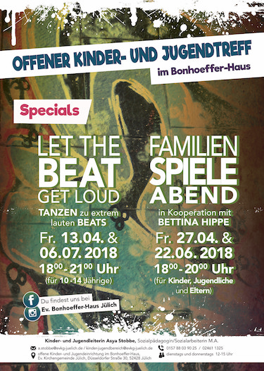 Die unterschiedlichen Specials im ersten Halbjahr 2018 des Offenen Kinder- und Jugendtreffs im Bonhoeffer Haus