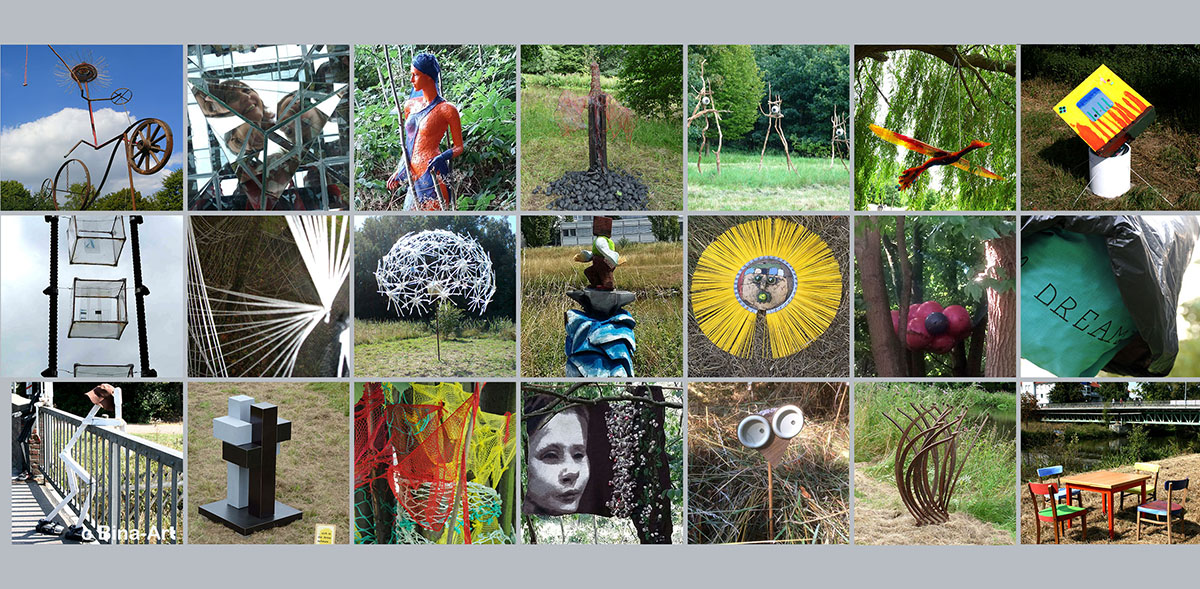Auf den Fotos sind ein Teil der bisherigen Objekte und Installationen zu sehen. Dieses Jahr gibt es natürlich ganz neue Werke , die noch "geheim" sind. Collage: Bina