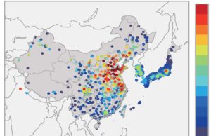 Oberflächen-Ozon-Werte für China, Japan und Südkorea (oben). Quelle (Ausschnitt): Copyright: 2018 American Chemical Society / Forschungszentrum Jülich