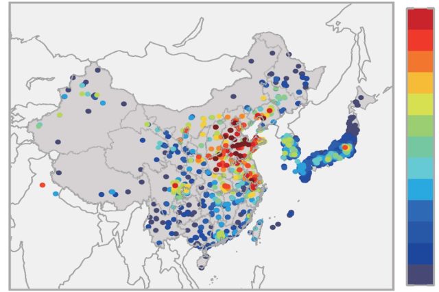 Oberflächen-Ozon-Werte für China, Japan und Südkorea (oben). Quelle (Ausschnitt): Copyright: 2018 American Chemical Society / Forschungszentrum Jülich